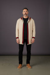 Cream Cardigan With Black and red Stripe