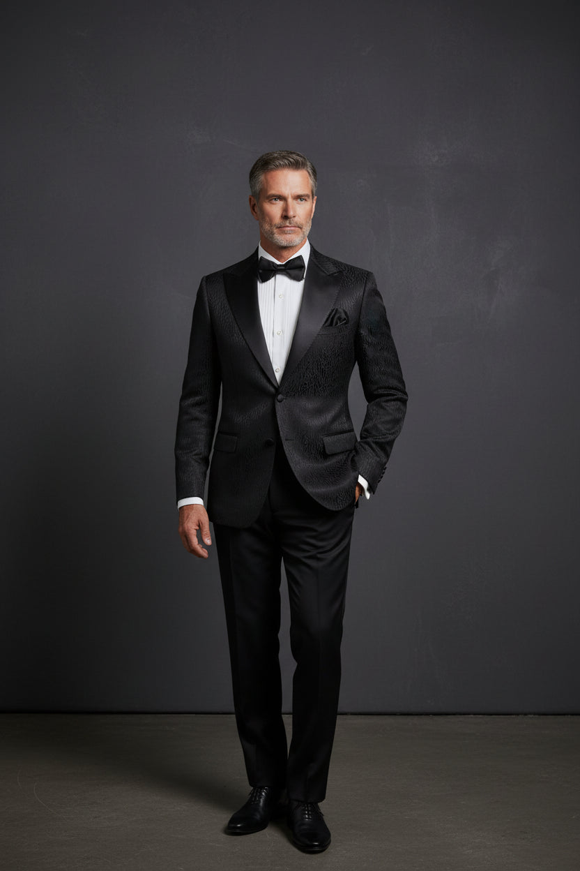 Black Patterned Tuxedo with Striking Pink Lining