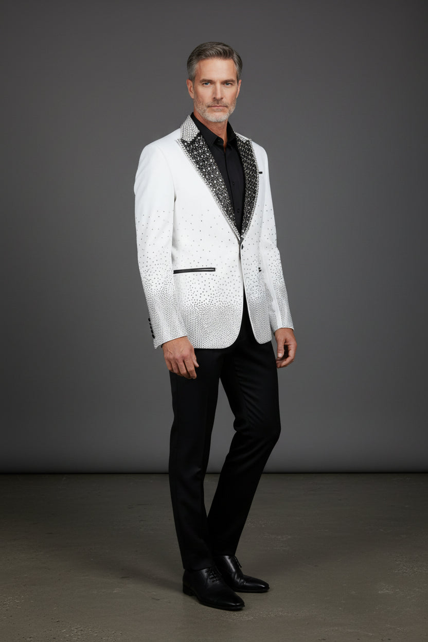 Men’s Slim-Fit Crystal-Embellished Blazer with Studded Quilted Lapels