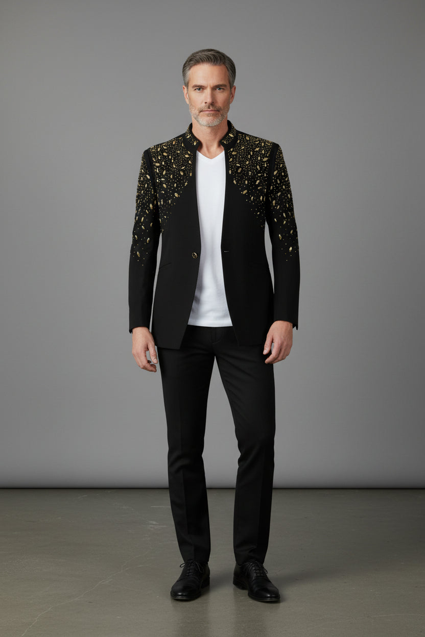 Tears in Heaven Black and Gold Rhinestone Slim Fit Dinner Blazer