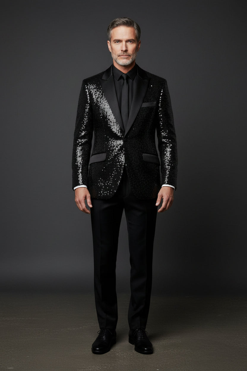 Sequin Tuxedo Jacket with Satin Lapels - Red Carpet Party Blazer