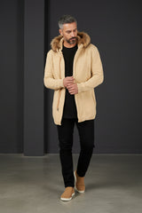 Fur-Trimmed Hooded Long Cardigan