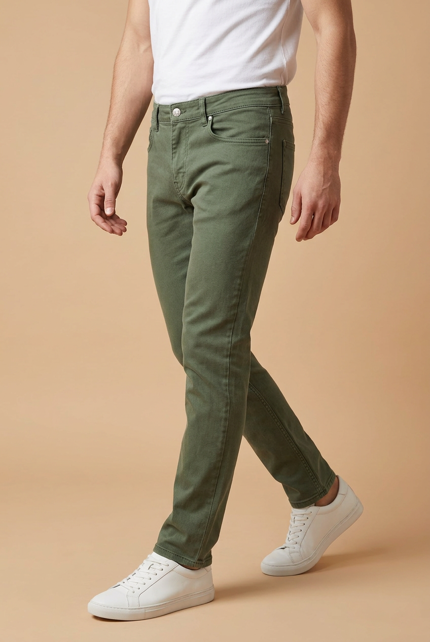 Walking male model in olive-green jeans