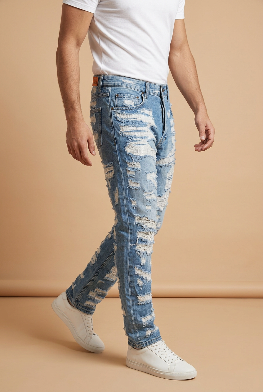 Walking model wearing distressed blue jeans