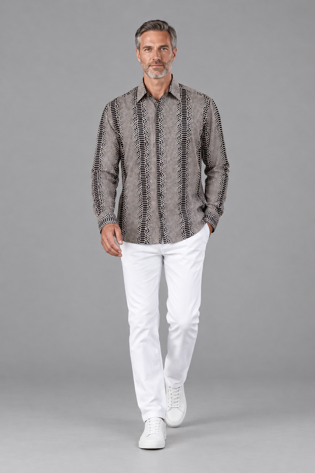 Men’s Snakeskin Print Long-Sleeve Button-Up Shirt – Taupe & Black