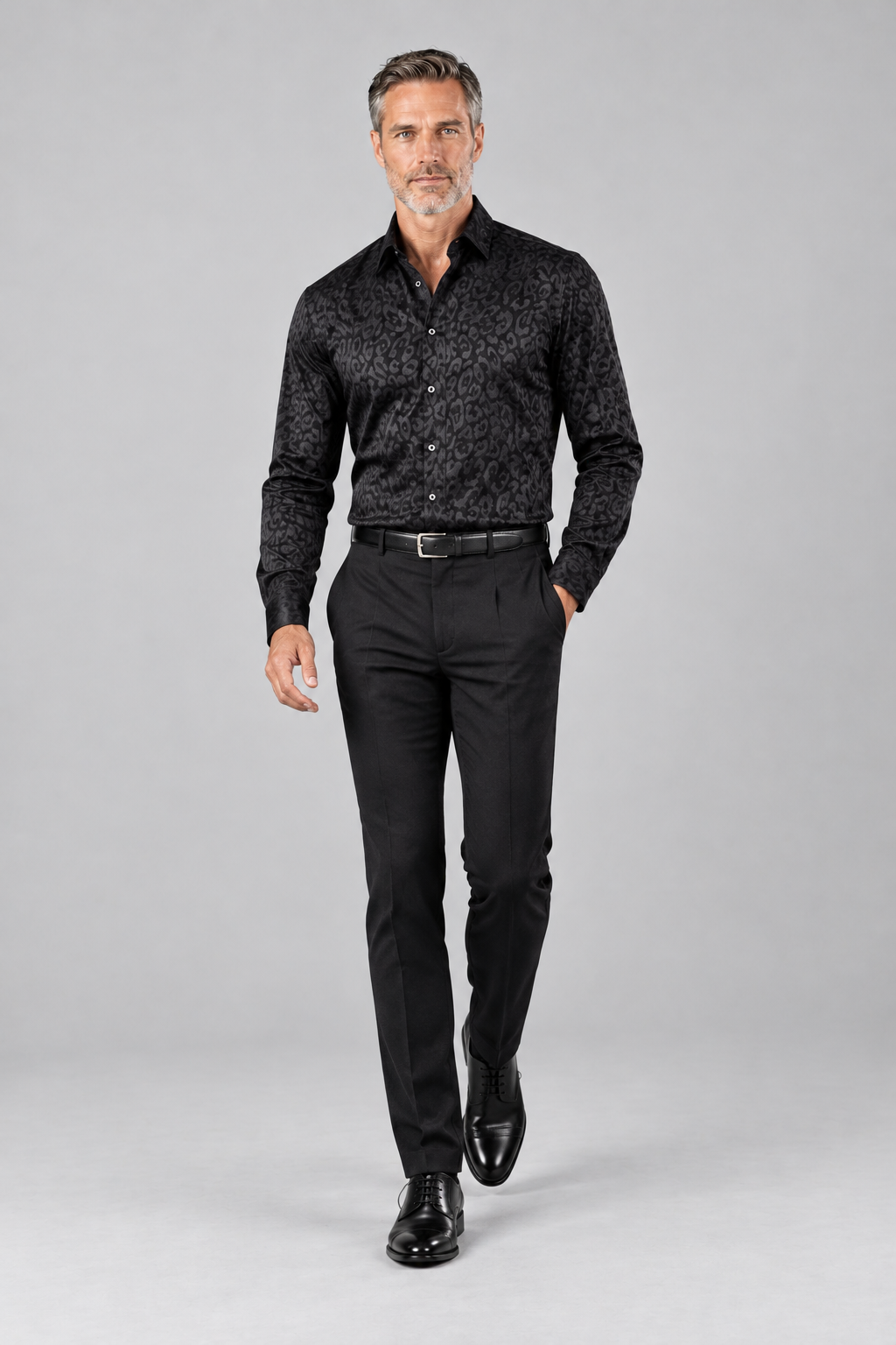 Men’s Black Tonal Print Long-Sleeve Button-Up Shirt