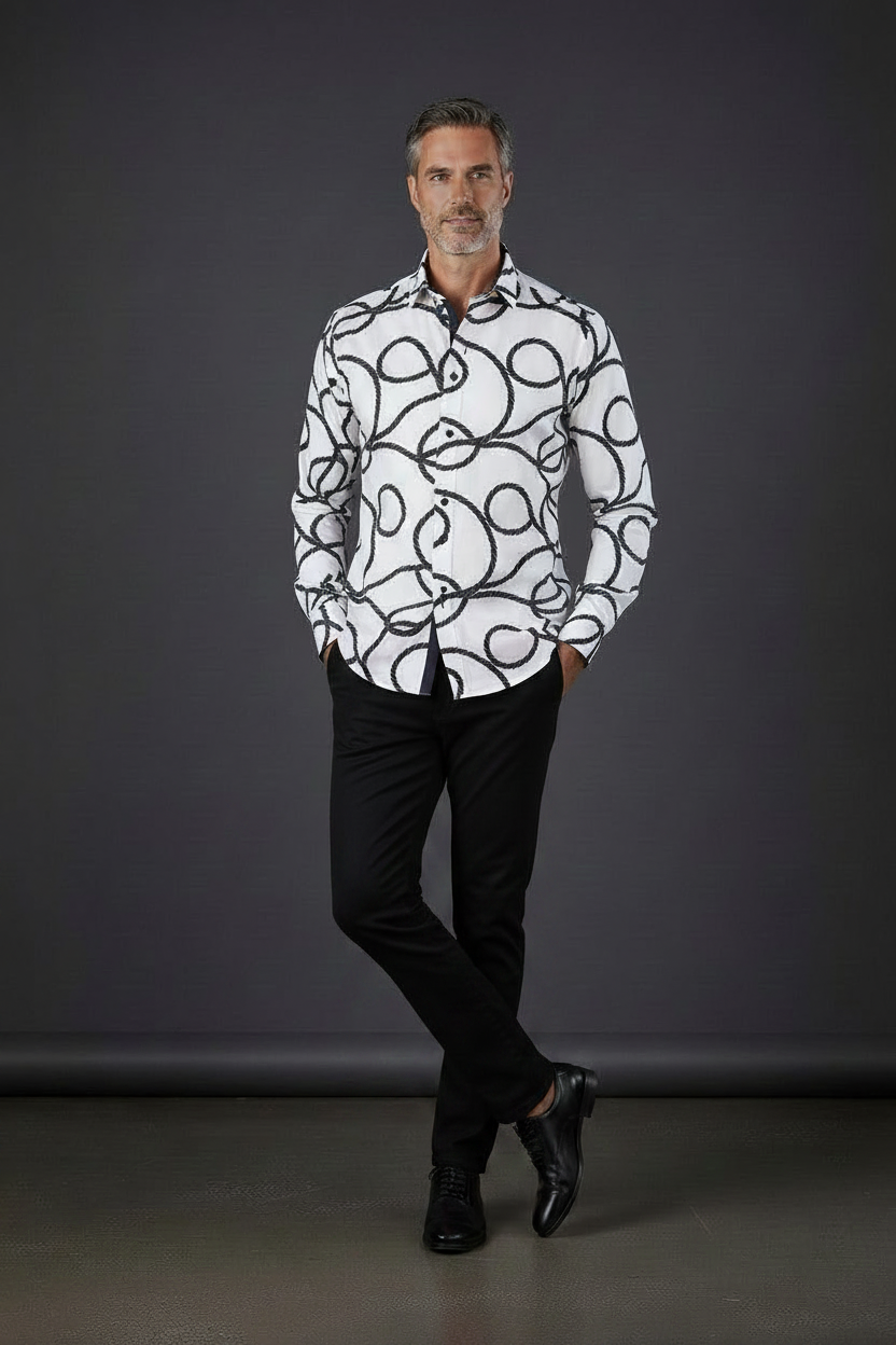 White Nautical Rope Print Dress Shirt