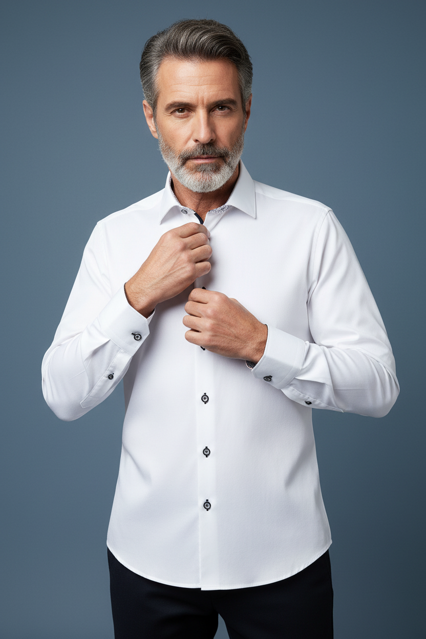 White shirt with patterned collar adjusting collar
