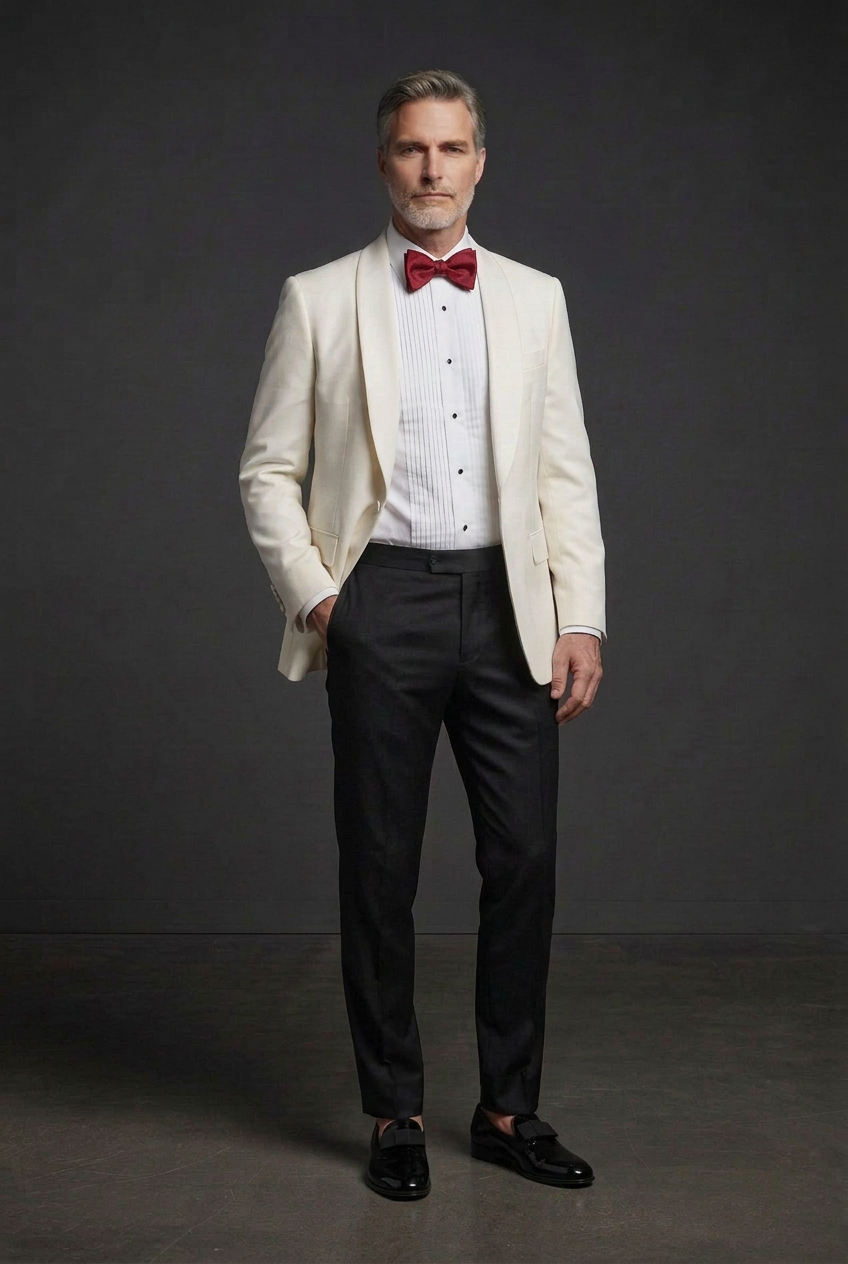 White tuxedo shirt with red bow tie