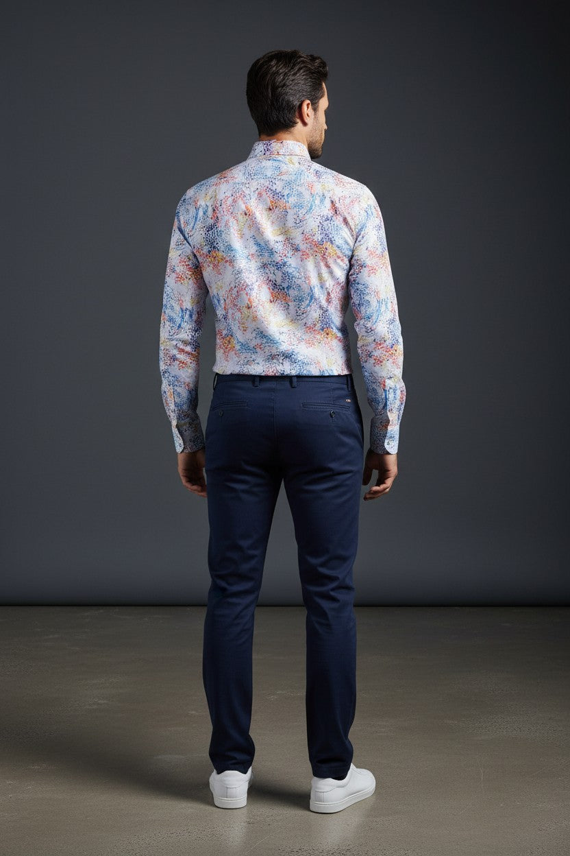 Blue Shirt With Wave Orange Yellow Design