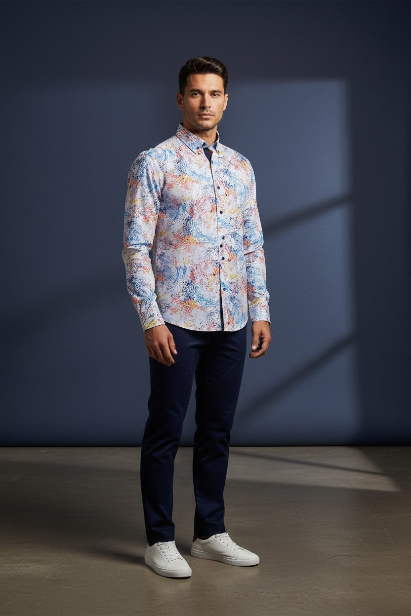 Blue Shirt With Wave Orange Yellow Design