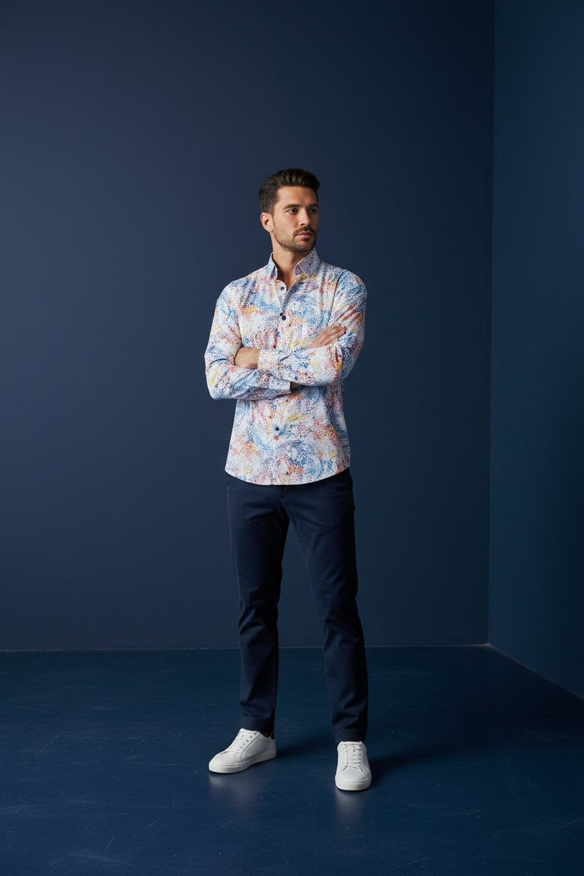 Blue Shirt With Wave Orange Yellow Design