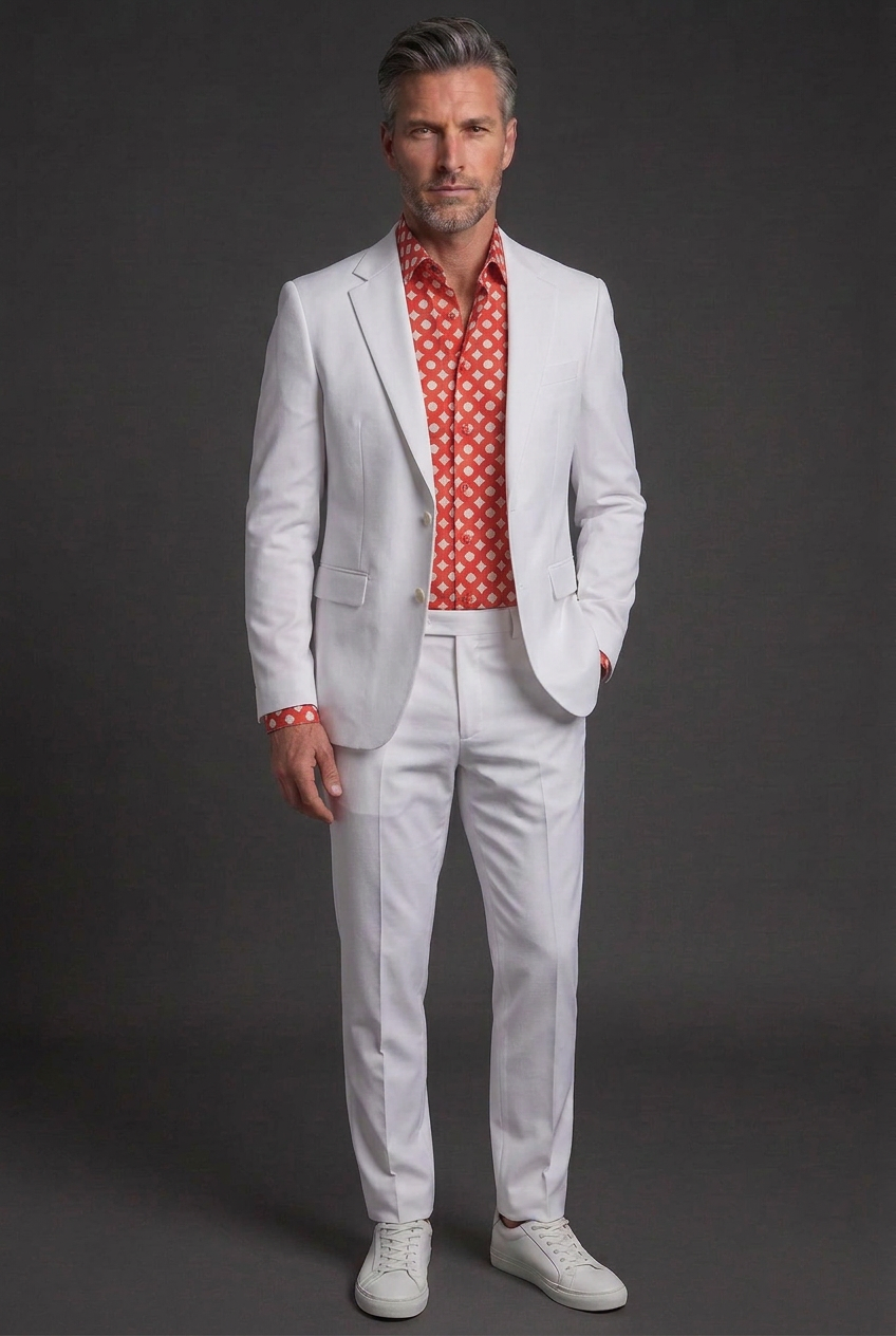Your model in a white suit with the red-and-white patterned shirt and white sneakers