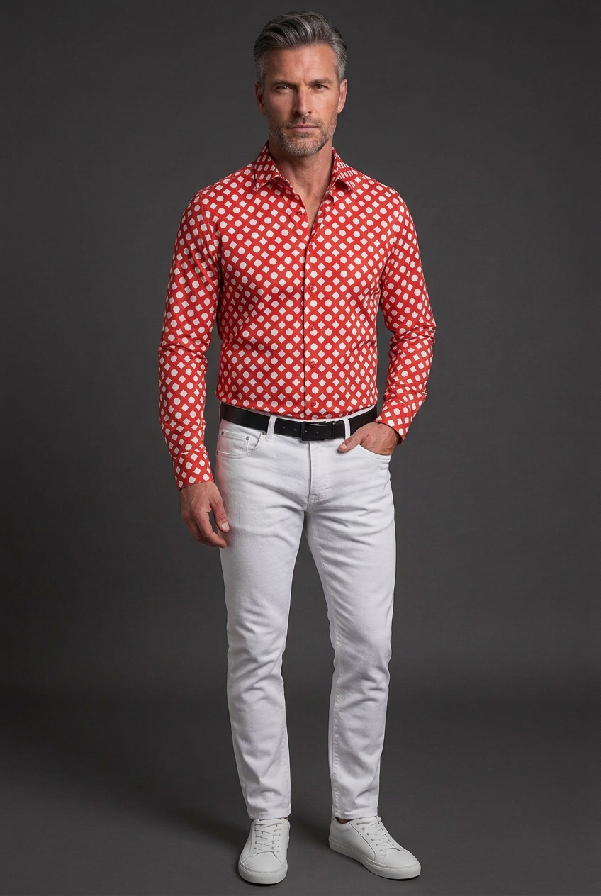 Your model styled in the red-and-white shirt with white pants and white casual sneakers