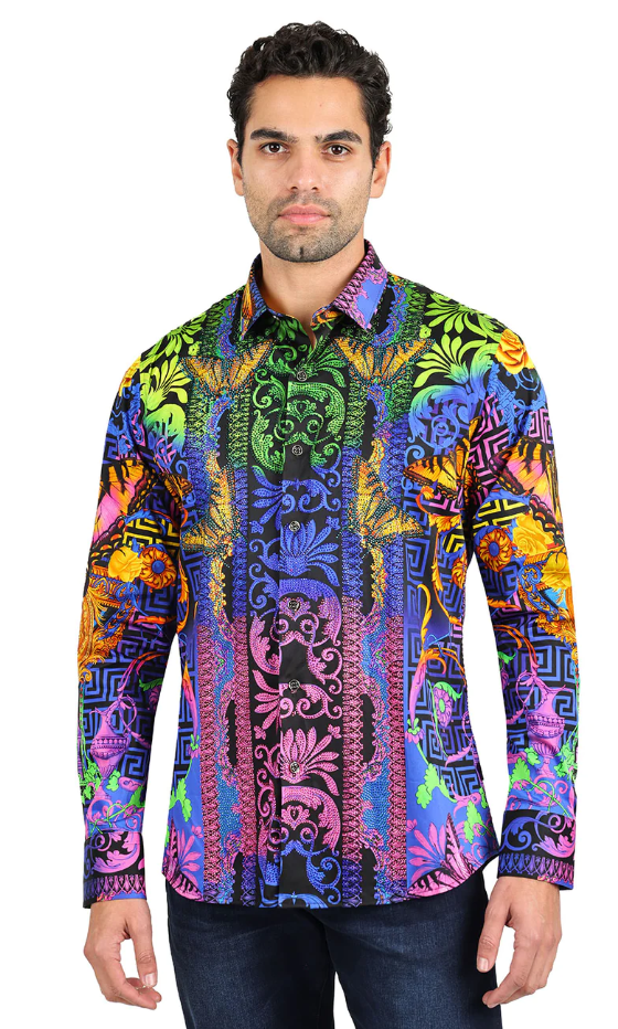 green emerald velvet dress Gold Silver Baroque Print Shirt XXL / Gold / Cotton