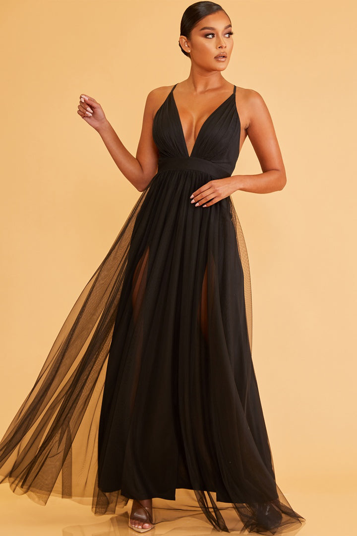 WOVEN DRESS SOLID MESH MAXI GOWN