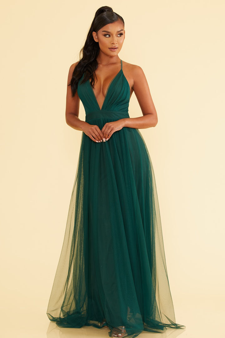 WOVEN DRESS SOLID MESH MAXI GOWN