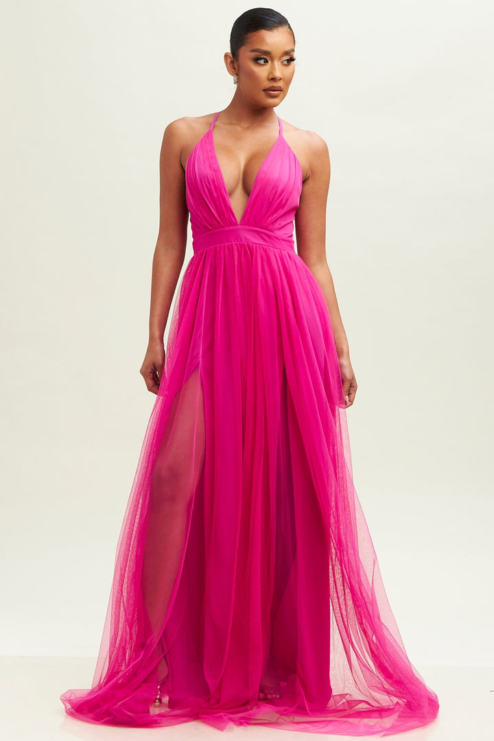 WOVEN DRESS SOLID MESH MAXI GOWN