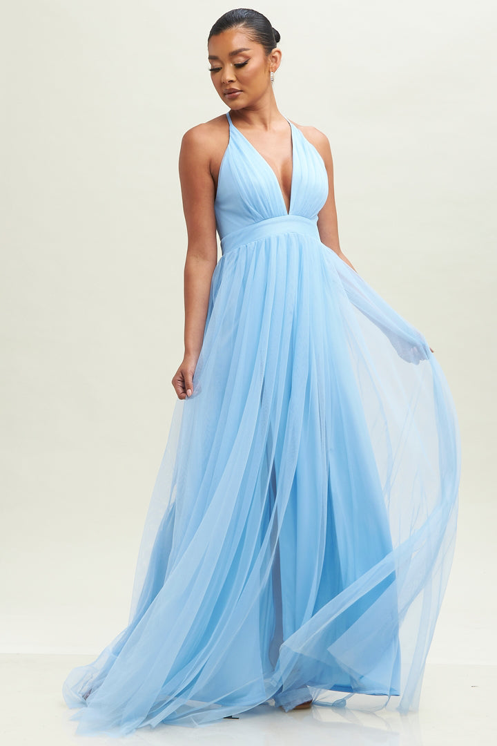 WOVEN DRESS SOLID MESH MAXI GOWN