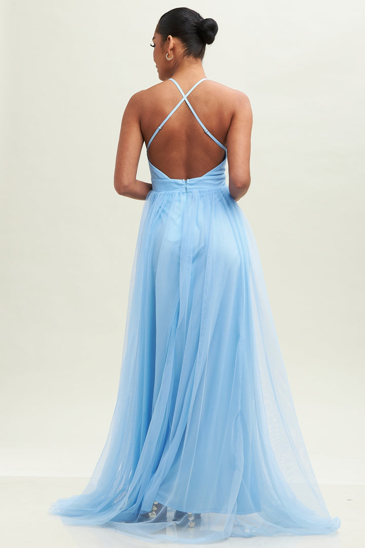 WOVEN DRESS SOLID MESH MAXI GOWN