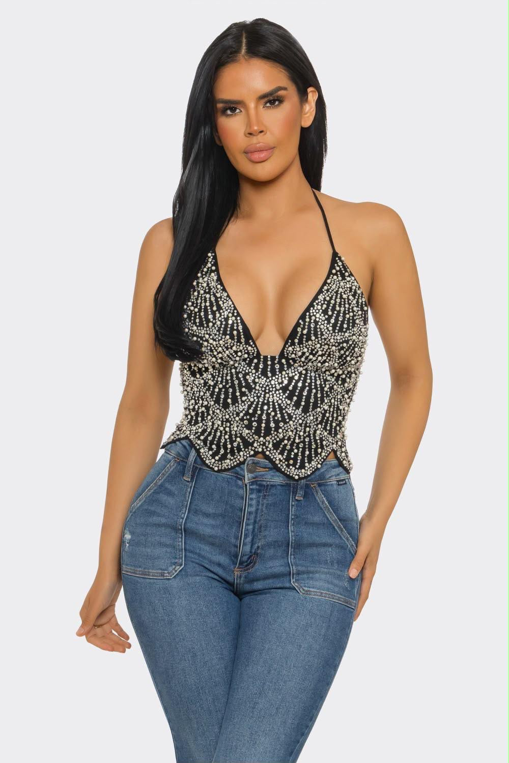 Black Pearl & Crystal Starburst Halter Top