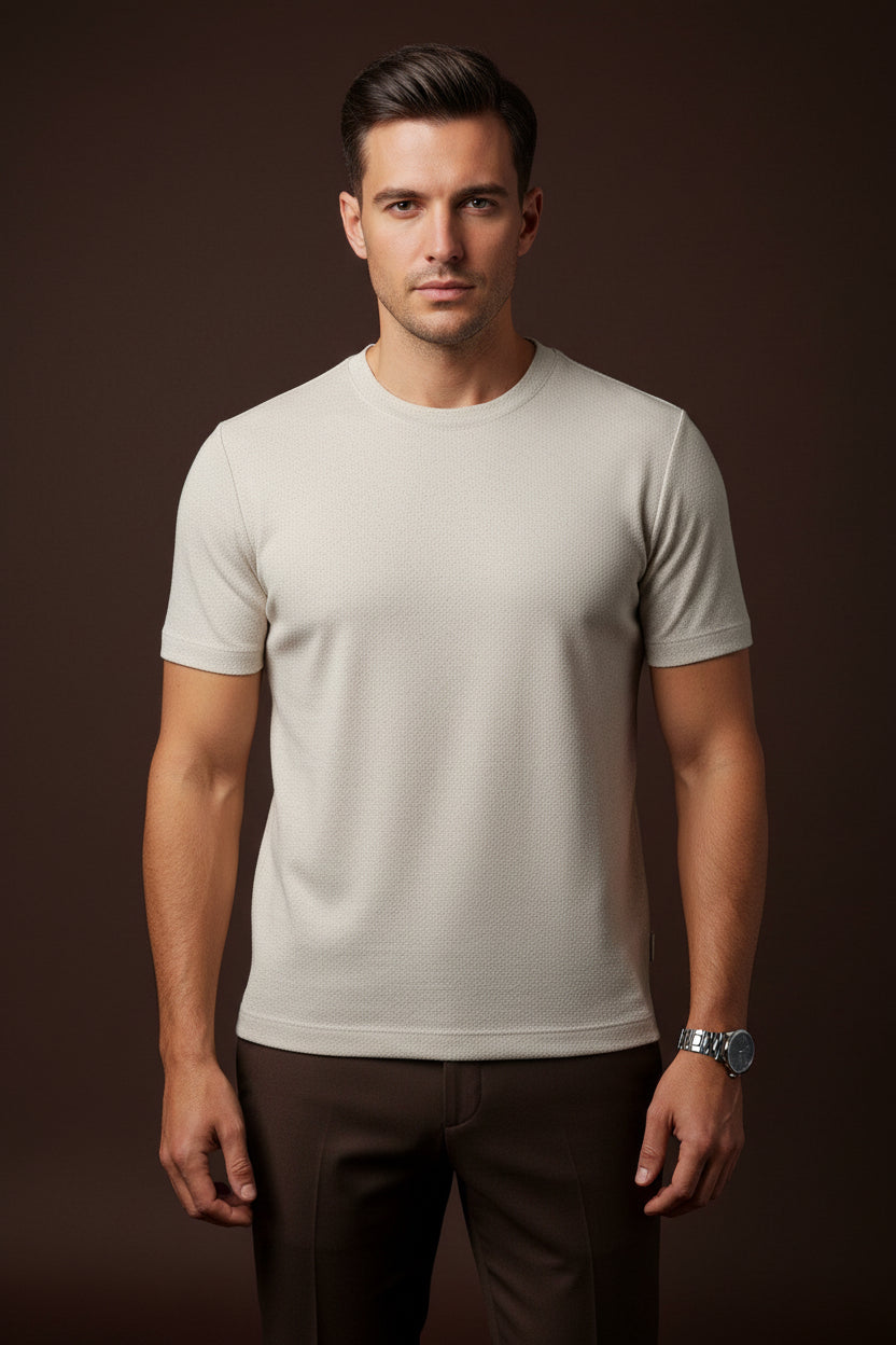 Beige Textured Knit Crew Neck T-Shirt