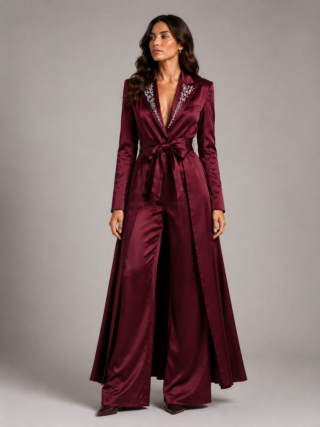 Burgundy Embellished Longline Jacket & Wide-Leg Pant Set