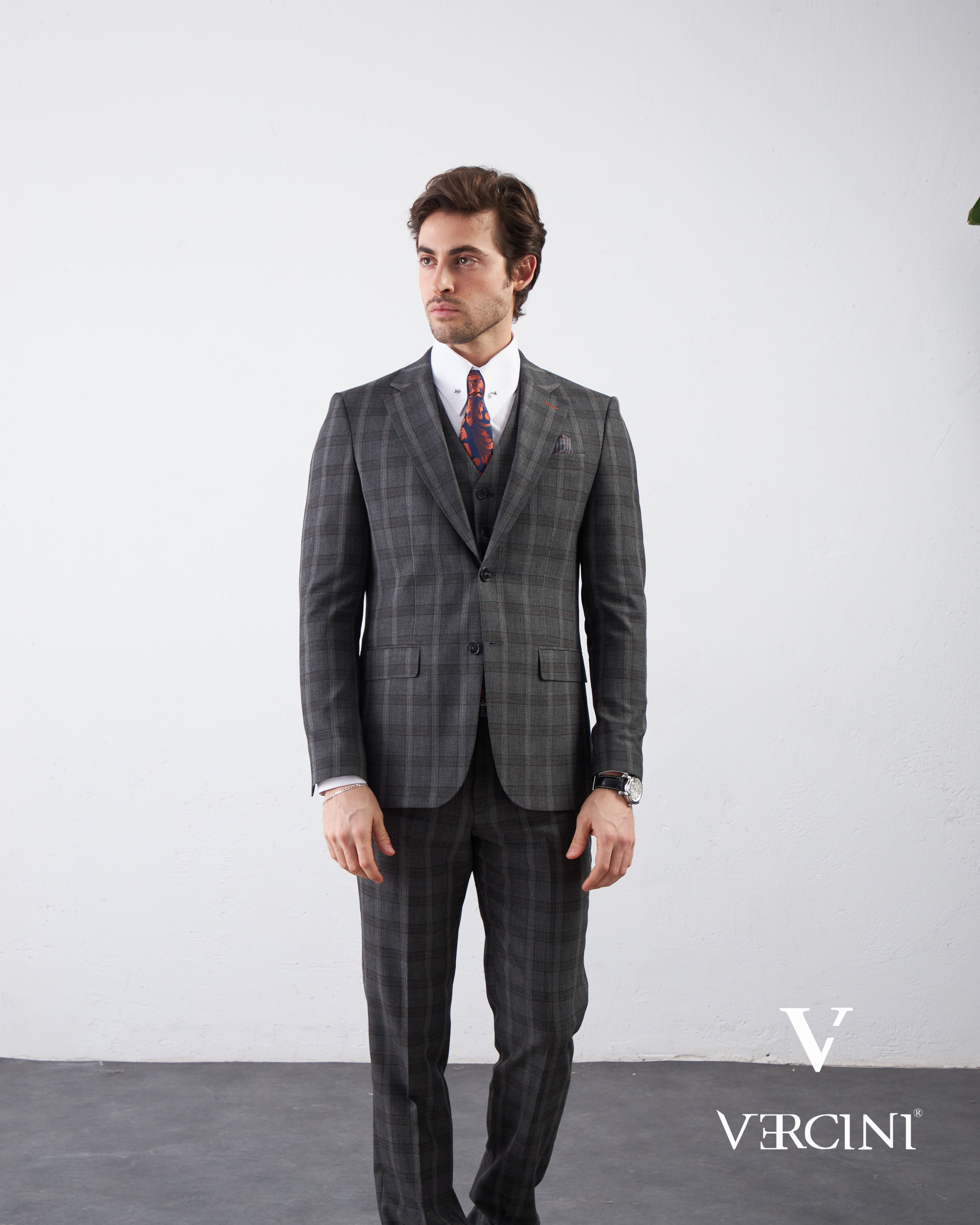 Vercini Charcoal Checkerboard Elegance Three-Piece Men's Suit