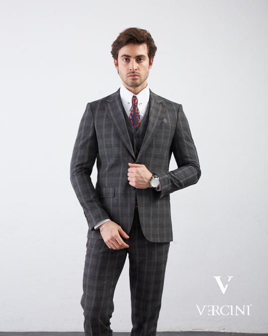 Vercini Charcoal Checkerboard Elegance Three-Piece Men's Suit SUITS 3 Piece Suits Vercini