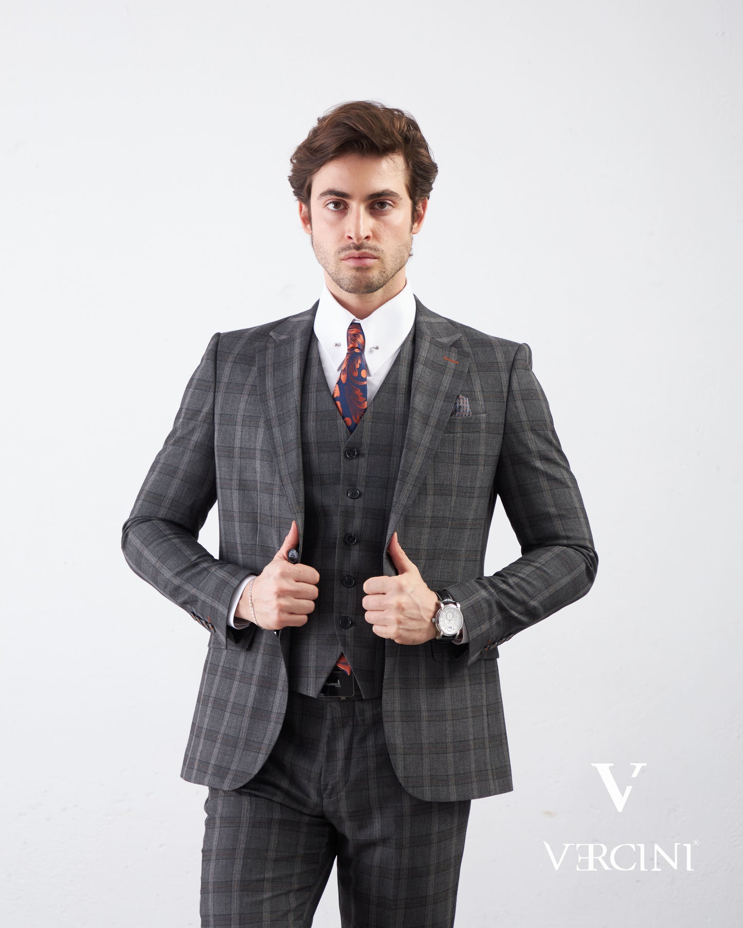 Vercini Charcoal Checkerboard Elegance Three-Piece Men's Suit