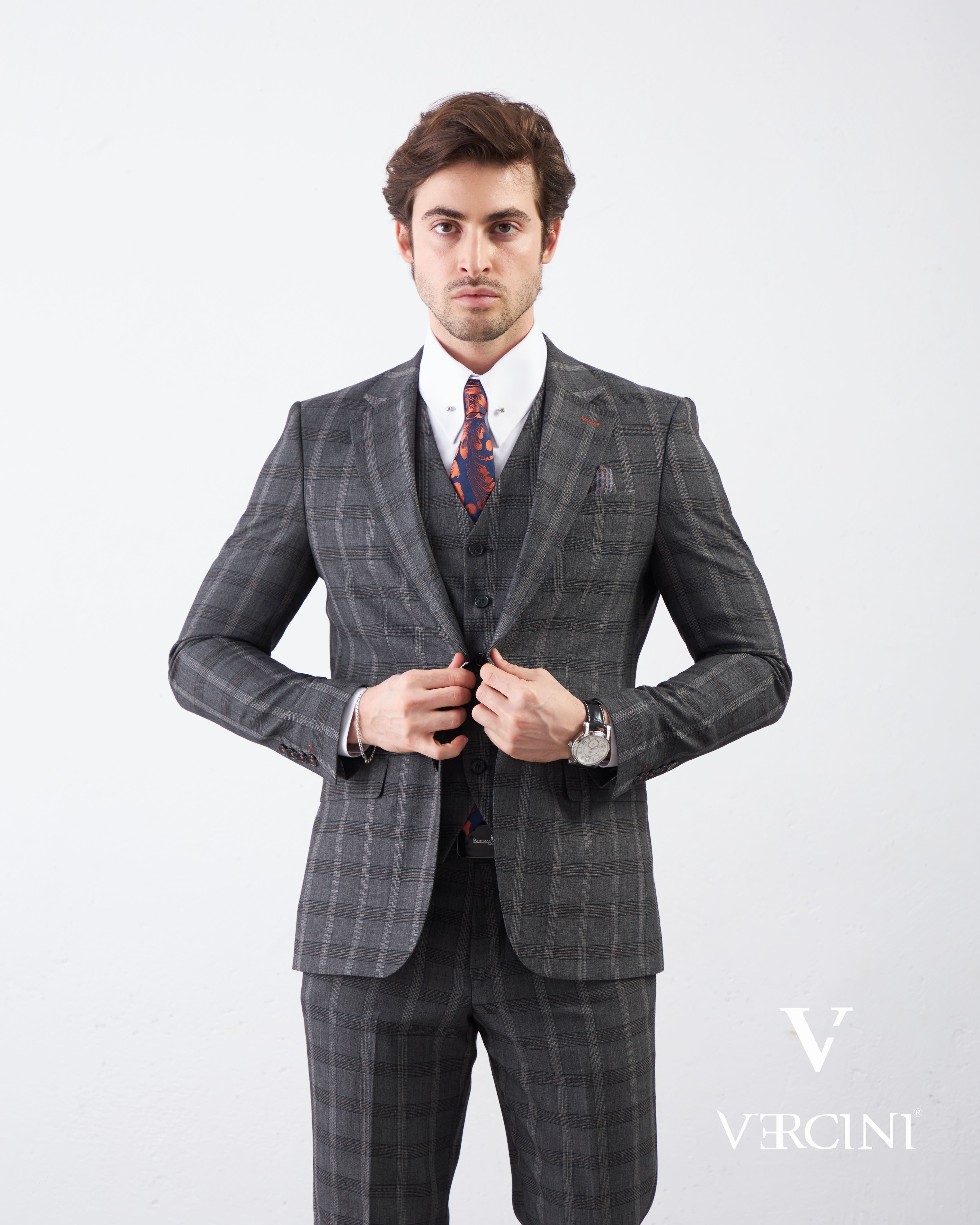 Vercini Charcoal Checkerboard Elegance Three-Piece Men's Suit