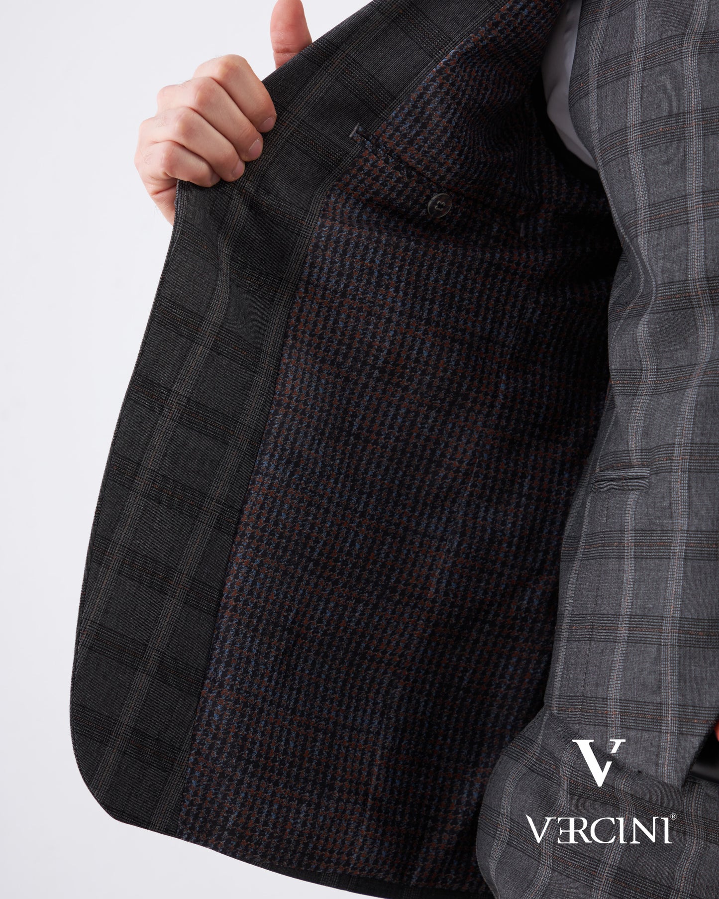 Vercini Charcoal Checkerboard Elegance Three-Piece Men's Suit