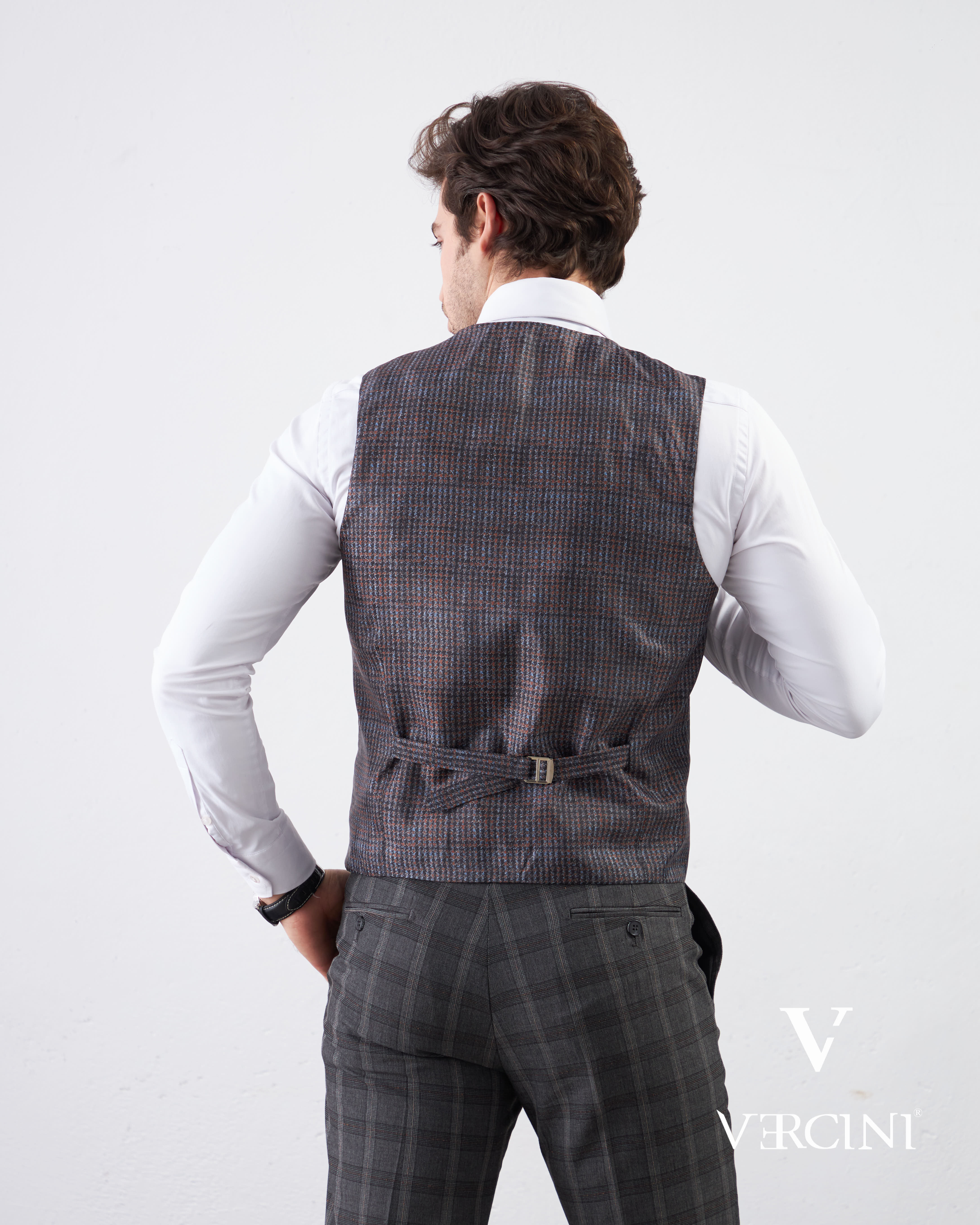 Vercini Charcoal Checkerboard Elegance Three-Piece Men's Suit