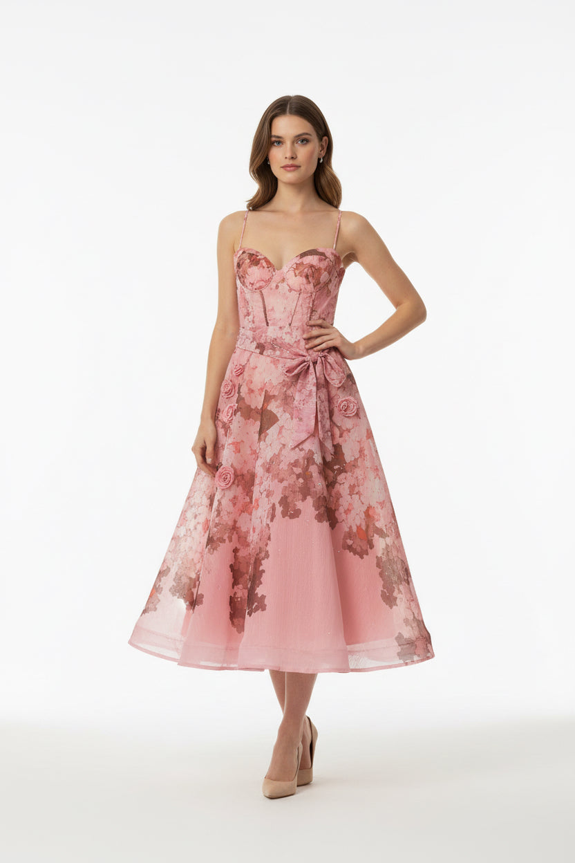 pink and brown floral dress  features a bustier-style top,