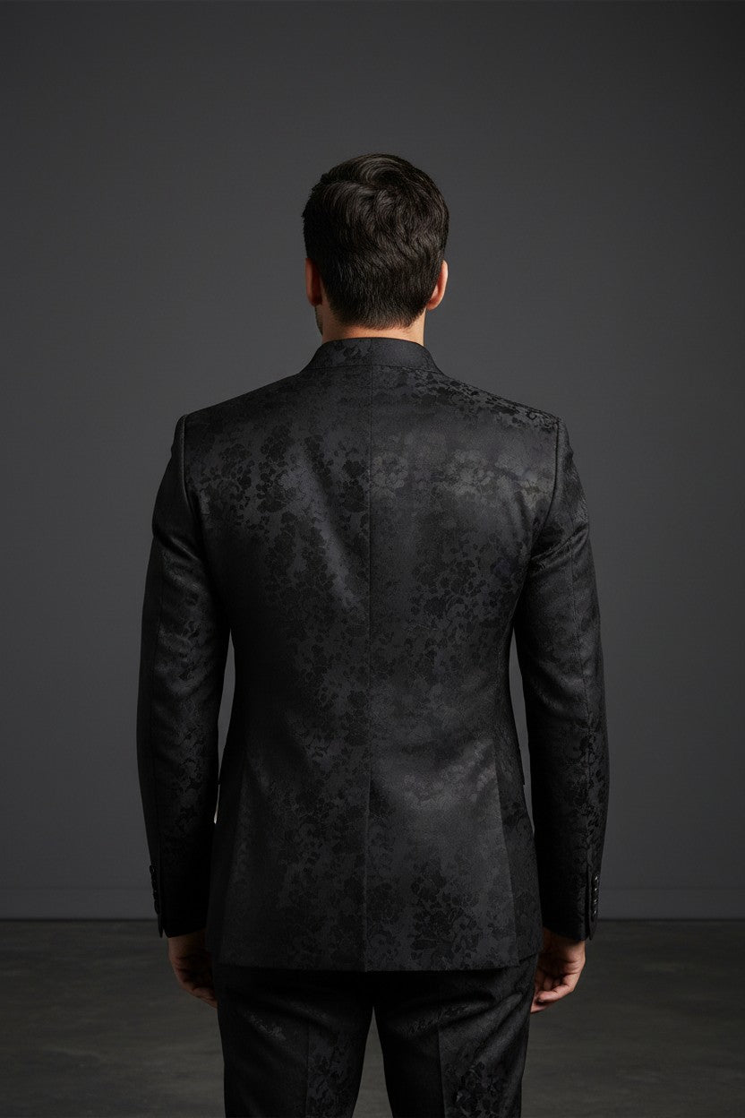 Black Jacquard Mandarin Collar Tuxedo Suit