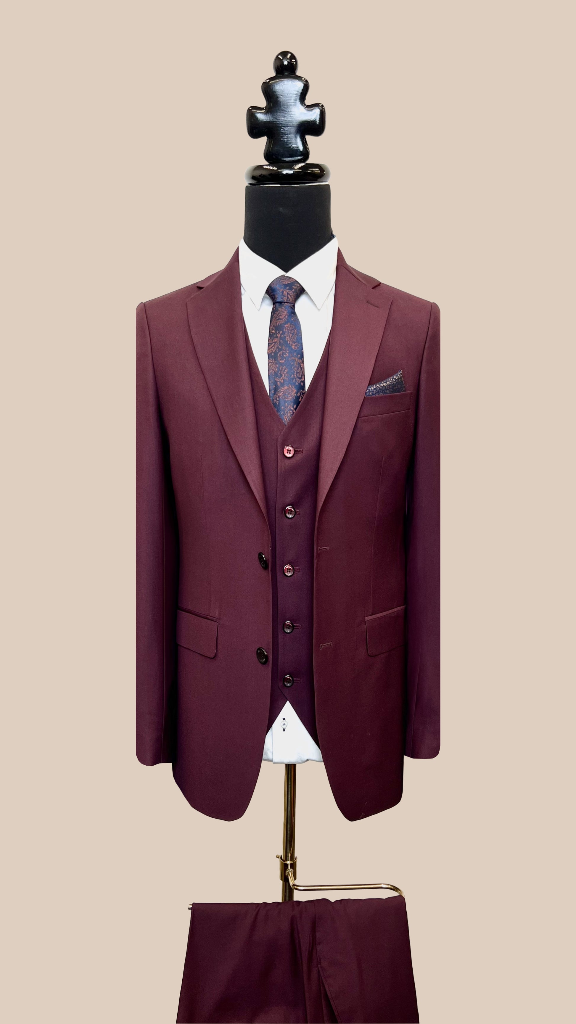 Vercini Premium Burgundy 3-Piece Men's Suit with Patterned Lining SUITS 3 Piece Suits Vercini