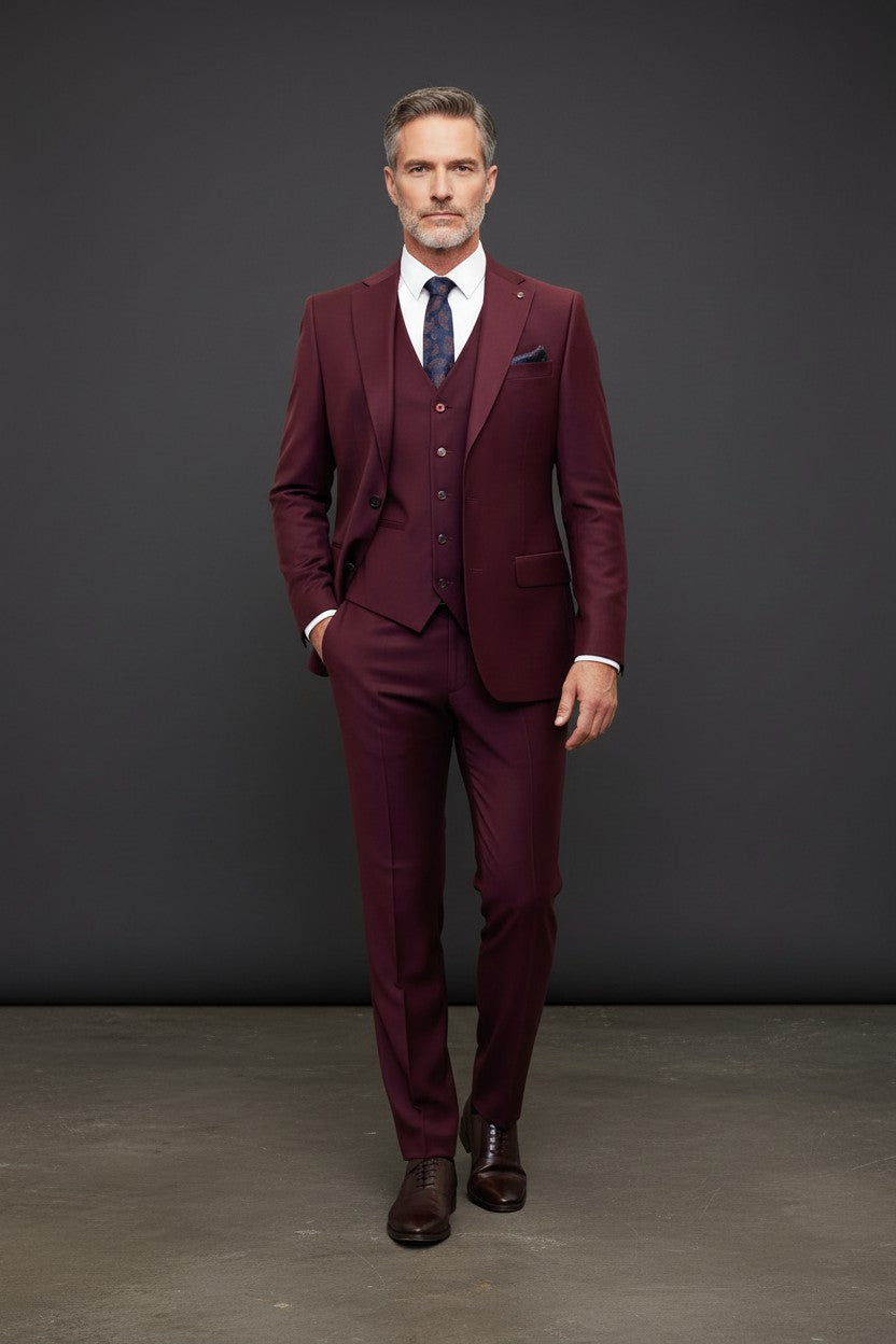 Vercini Premium Burgundy 3-Piece Men's Suit with Patterned Lining