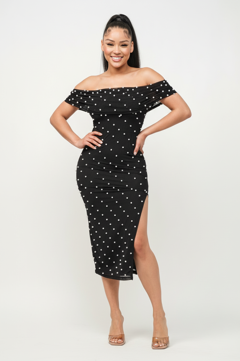 Off The Shoulder Short Sleeve Pearl Midi Dress
