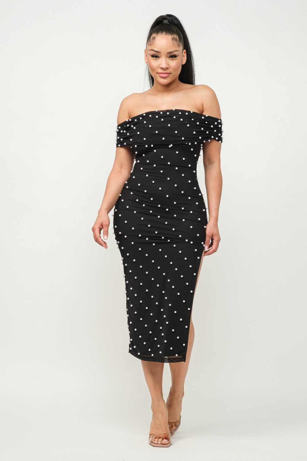 Off The Shoulder Short Sleeve Pearl Midi Dress
