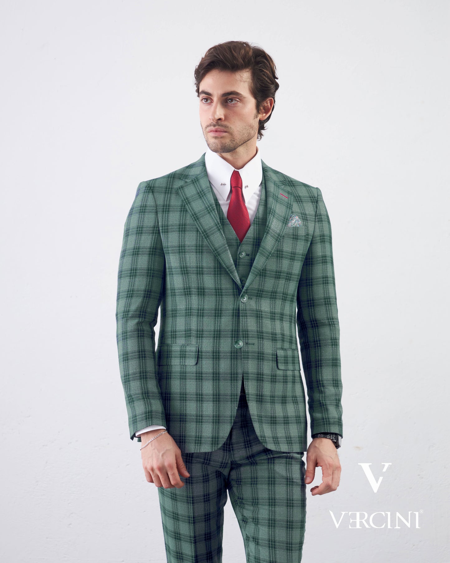 Vercini Men's Elegante Plaid Three-Piece Suit