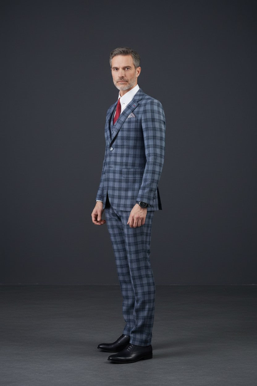 Vercini Men's Elegante Plaid Three-Piece Suit
