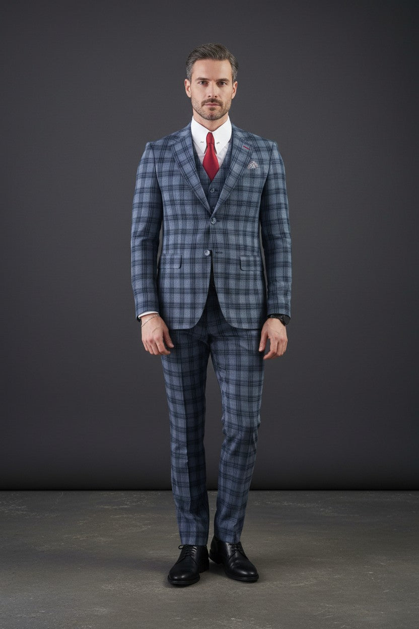 Vercini Men's Elegante Plaid Three-Piece Suit