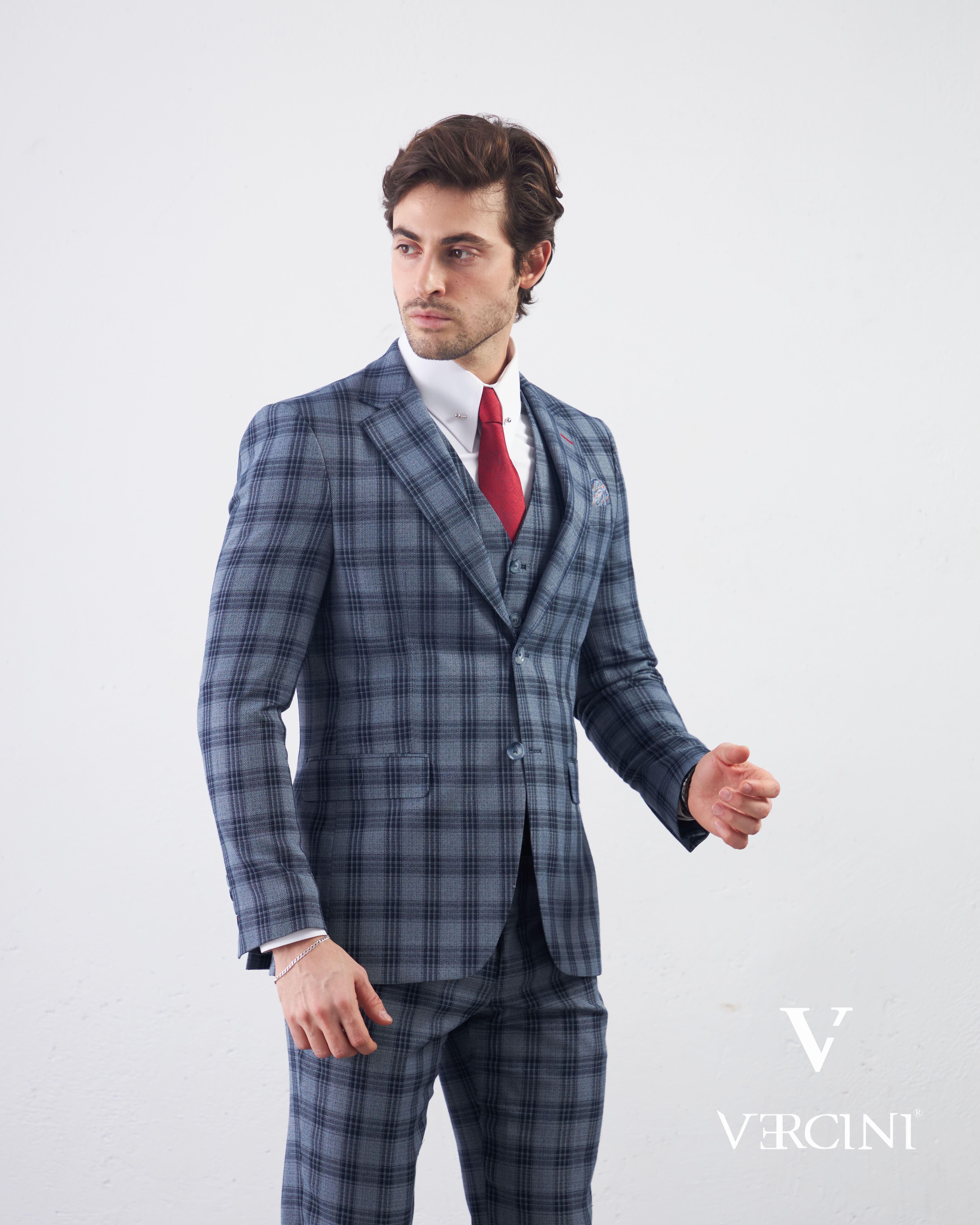 Vercini Men's Elegante Plaid Three-Piece Suit