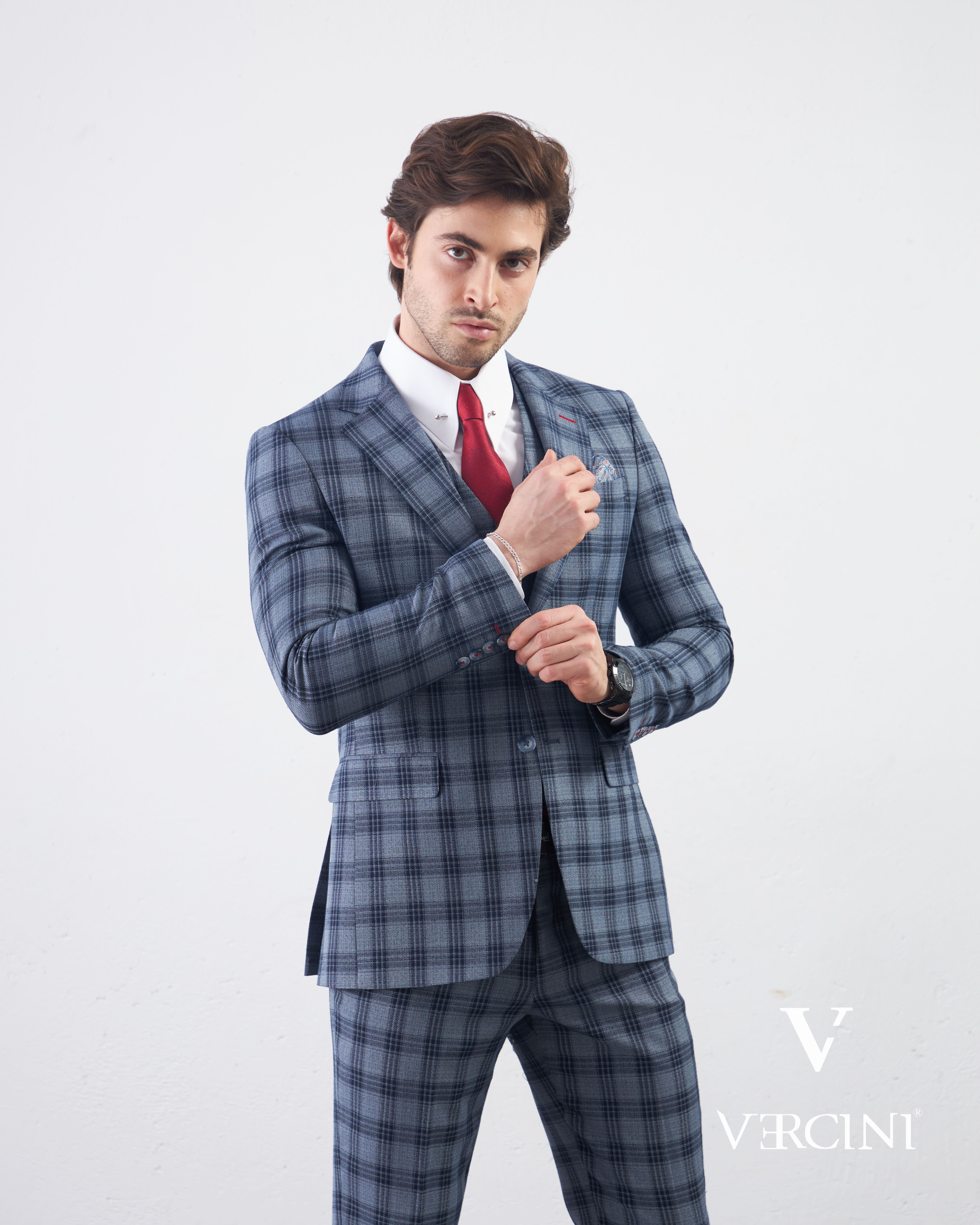 Vercini Men's Elegante Plaid Three-Piece Suit