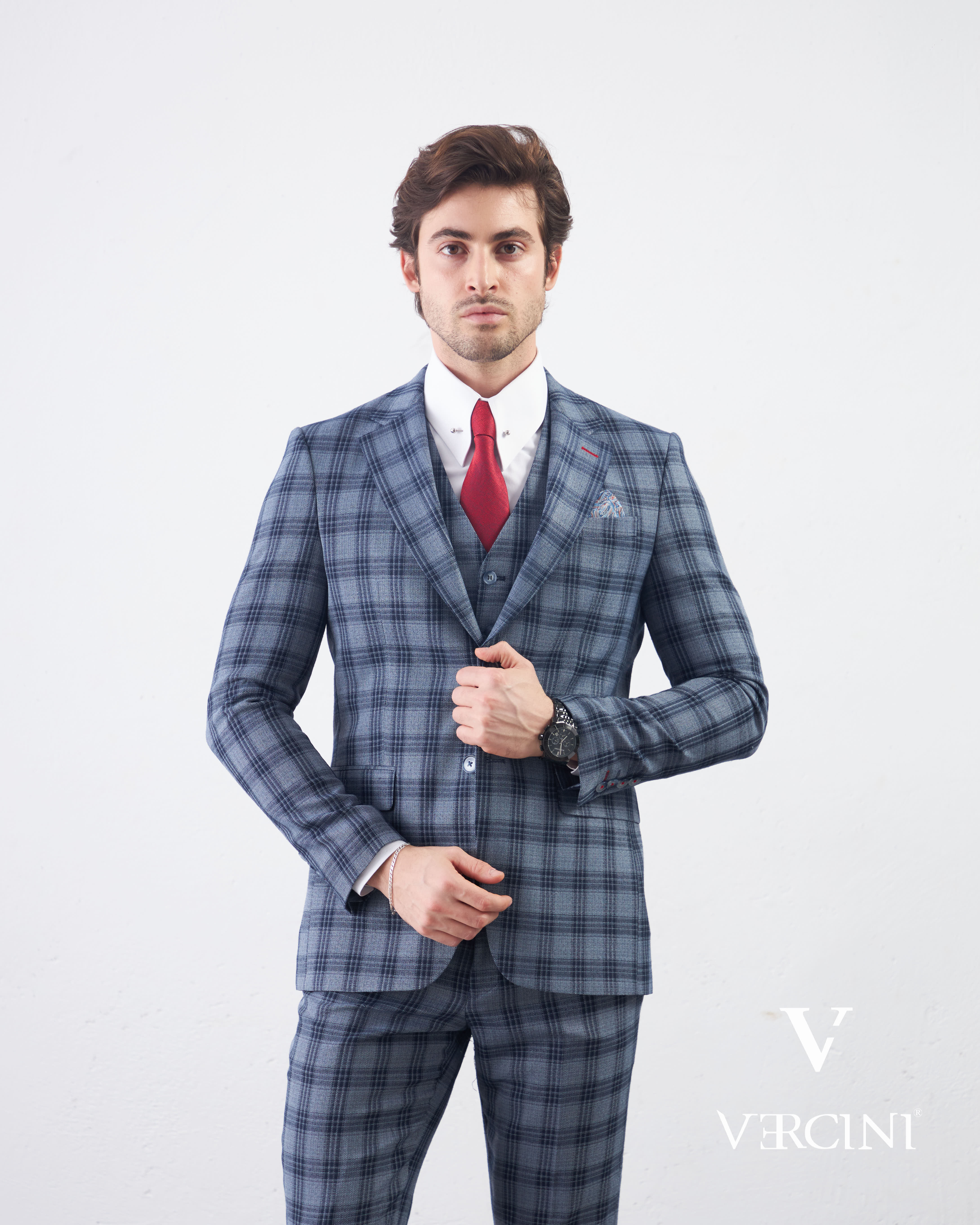 Vercini Men's Elegante Plaid Three-Piece Suit