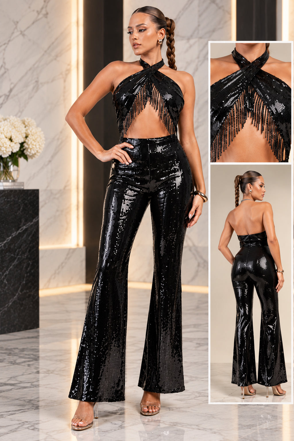 Black Sequin Fringe Halter Jumpsuit