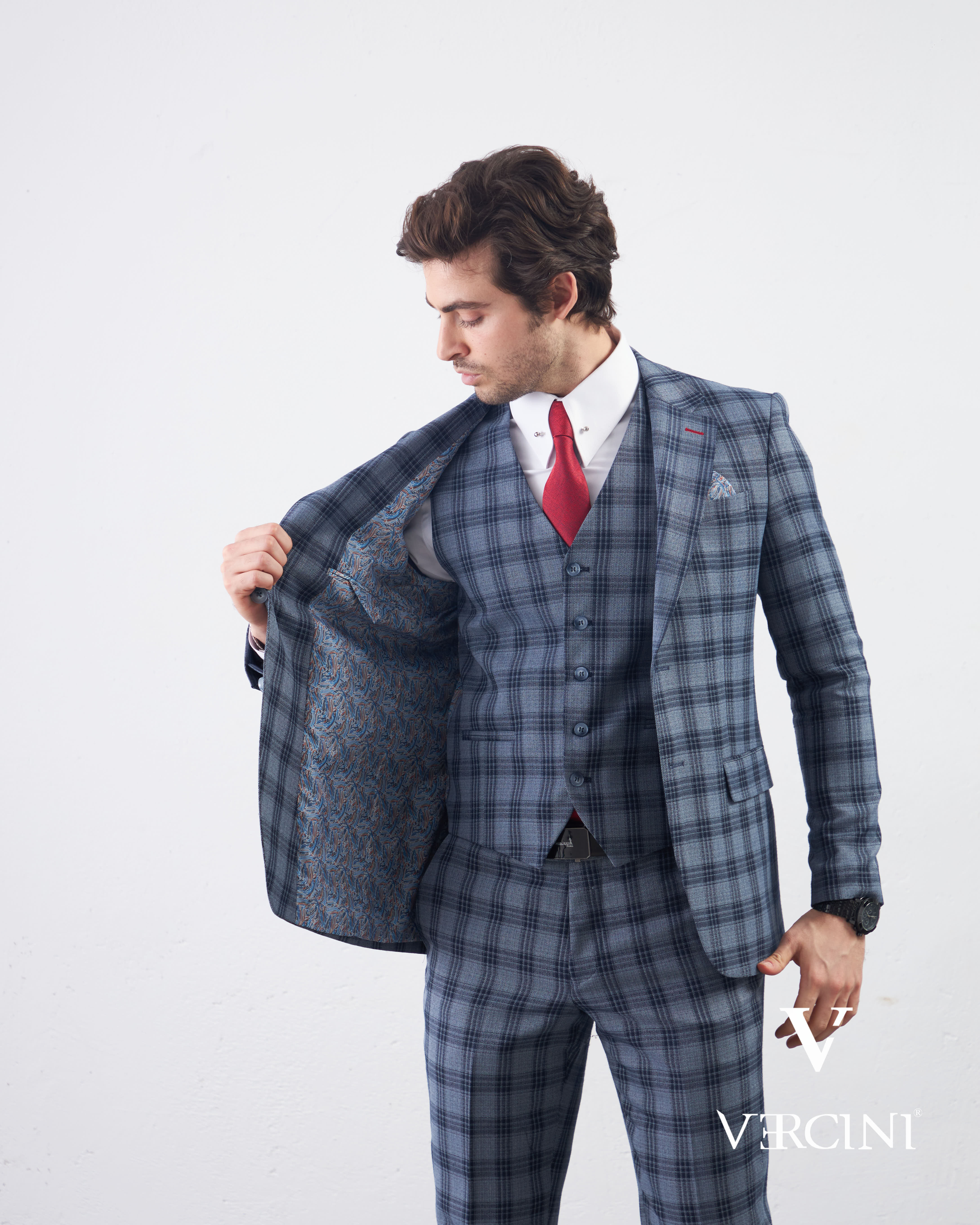 Vercini Men's Elegante Plaid Three-Piece Suit