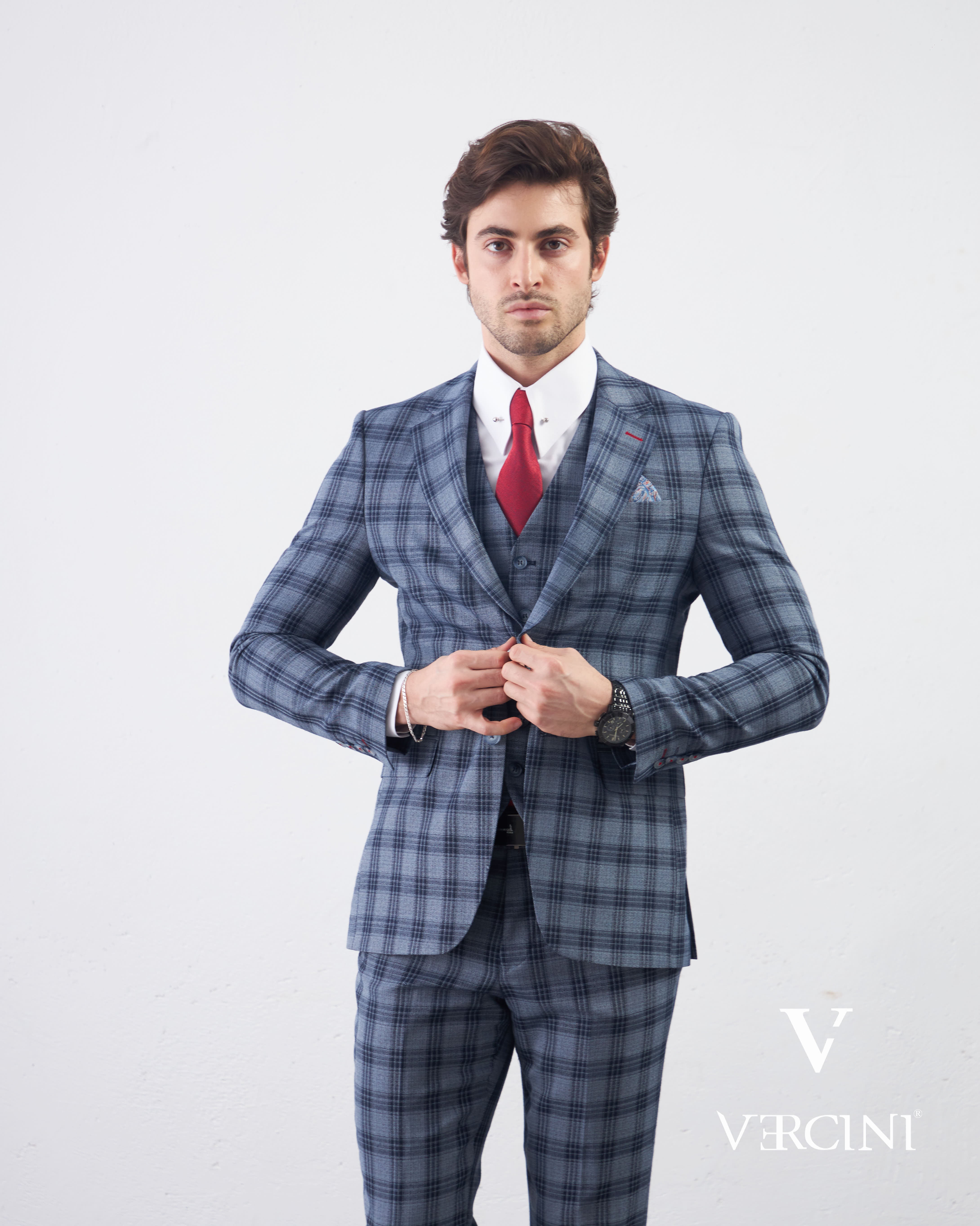 Vercini Men's Elegante Plaid Three-Piece Suit