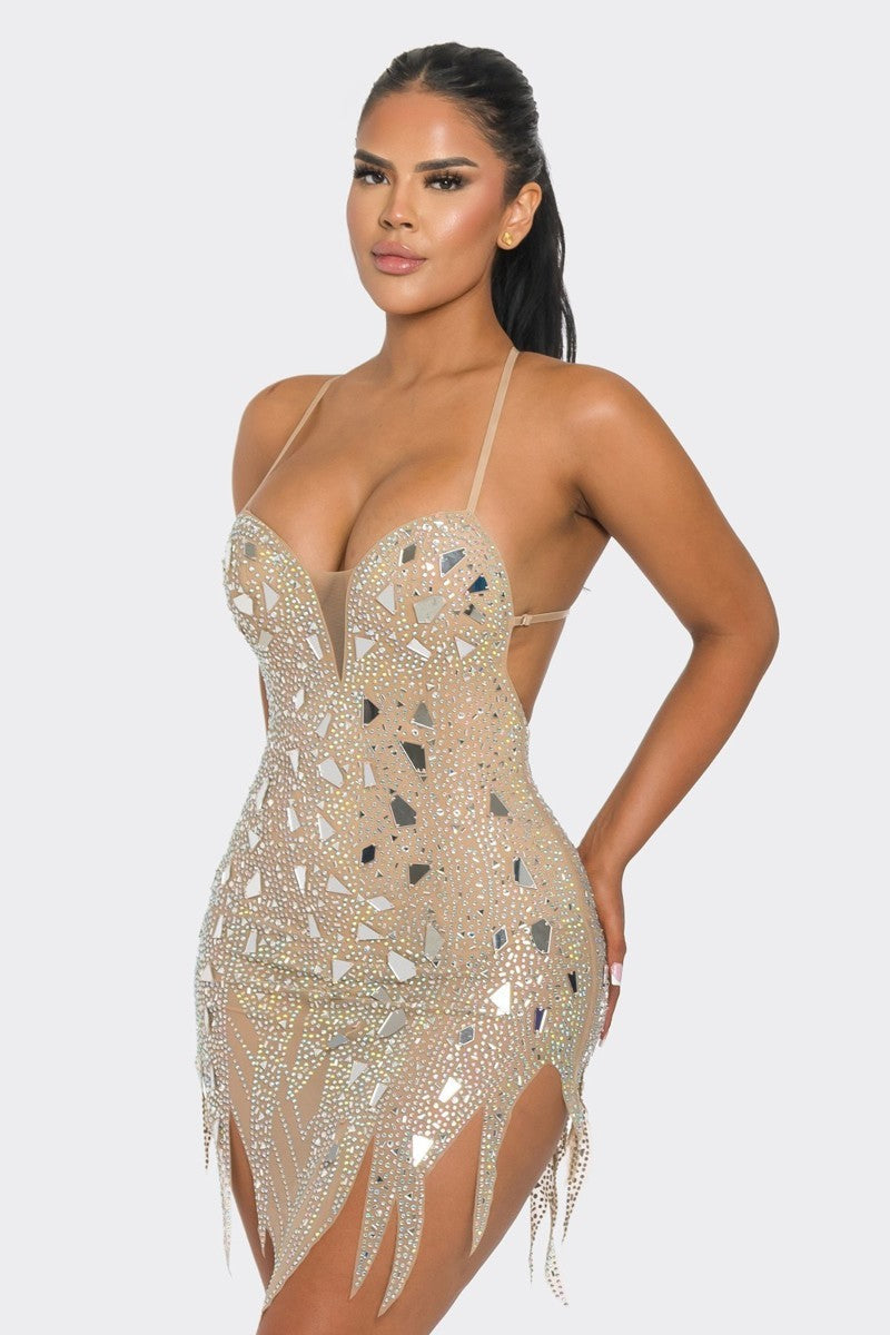 Rhinestone Tattered Mirror Bodycon Dress