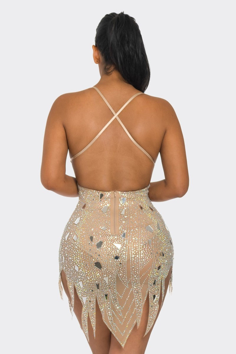 Rhinestone Tattered Mirror Bodycon Dress